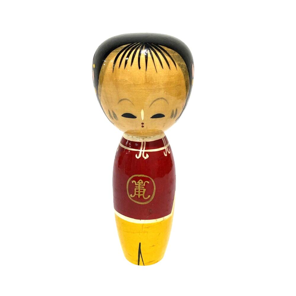 Vintage Japanese Wooden Kokeshi Doll Traditional Figure c1960 Japan Red & Yellow